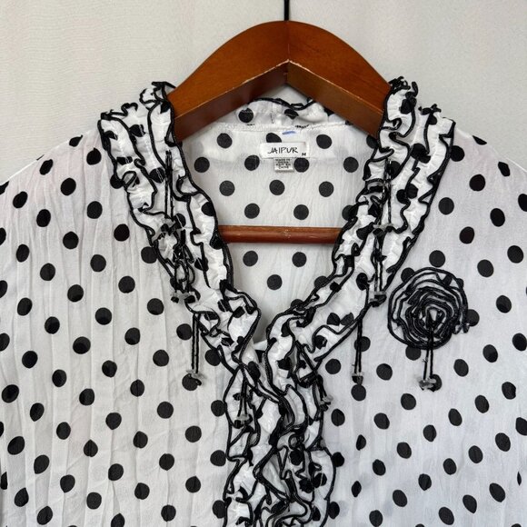 Y2K Jaipur White Black Polka Dot Ruffle Beaded 3-D Floral Applique Blouse Size M - Picture 2 of 11